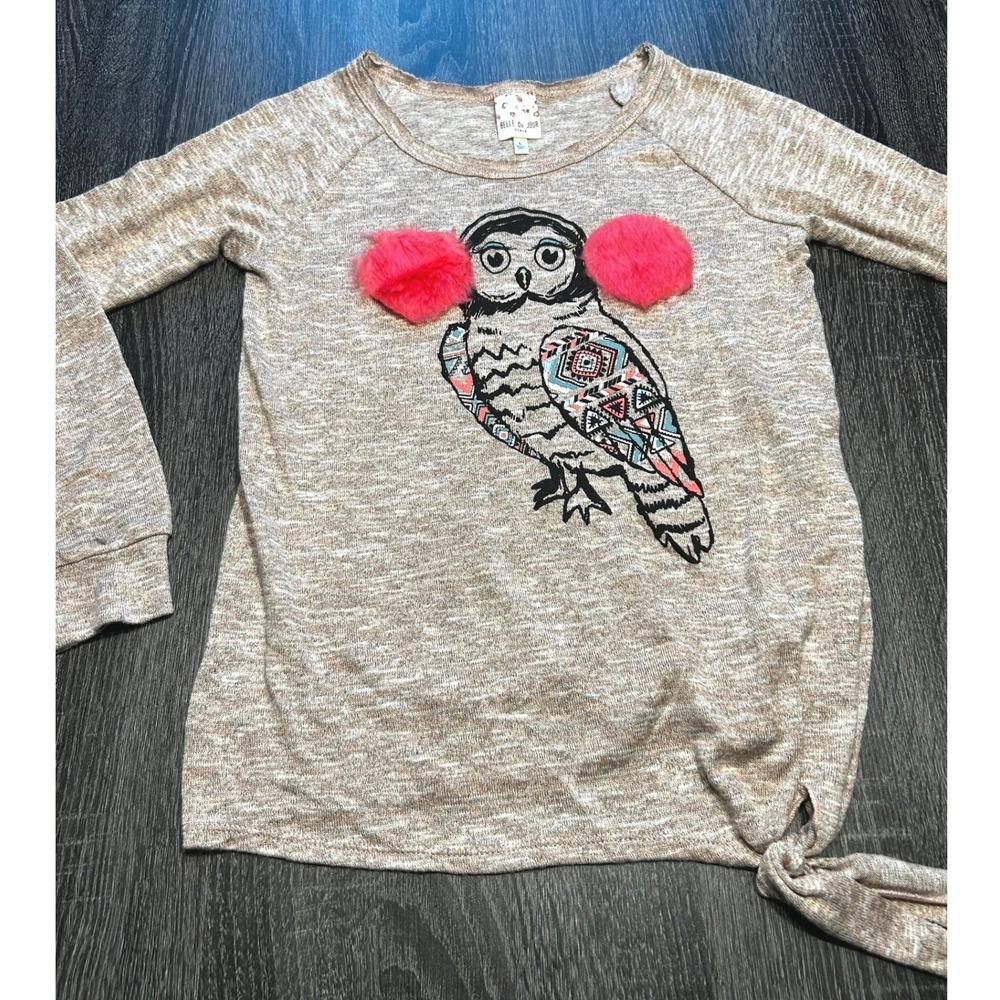 Belle Du Jour Girls Owl Pom Pom‎ Graphic Long Sleeve Boho Graphic Top  Size L